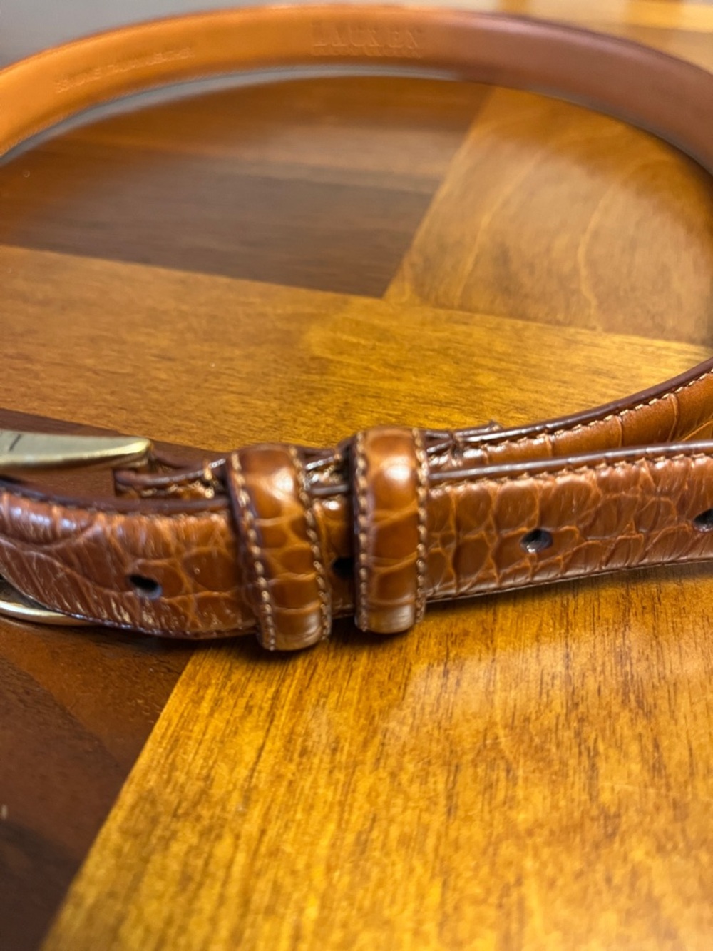 Lauren Ralph Lauren Tan Croc-Embossed Leather Belt with Gold-Tone Buckle, 38 in - Picture 3 of 16